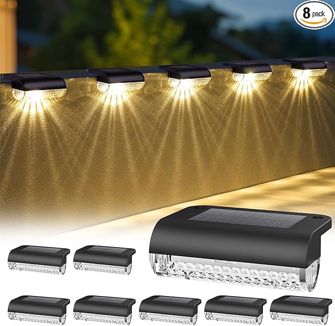 8 Pack Solar Deck Lights Outdoor, Solar Step Lights Waterproof Led Lights,3000K Warm White, Auto Dusk-to-Dawn, Low Profile, for Deck Steps Fence Patio