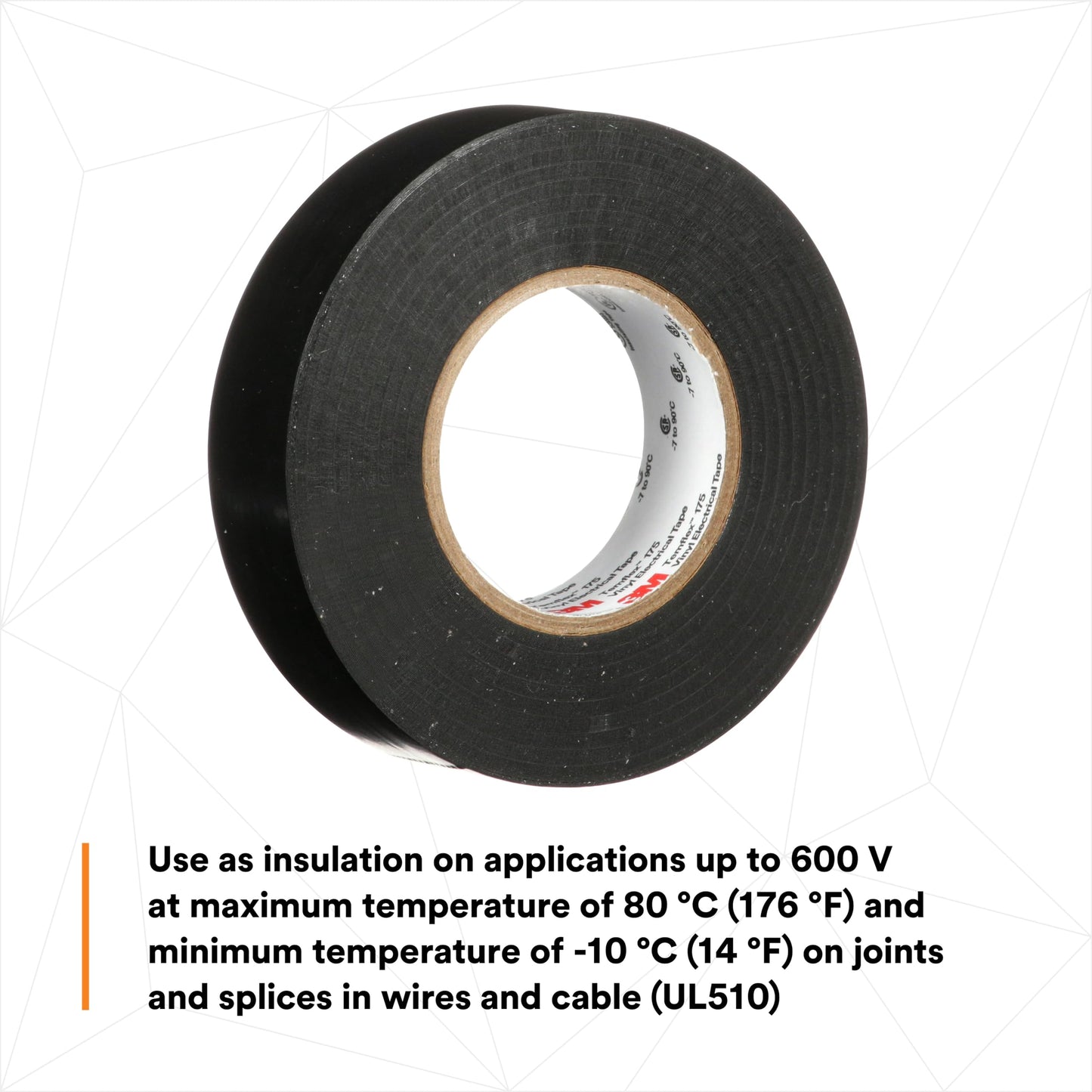 3M Temflex Vinyl Electrical Tape 175, Flame Retardant, Pressure-Sensitive Adhesive, Electrical and Mechanical Protection, Black, 7 mil, 3/4 in x 60 ft, 10 Rolls