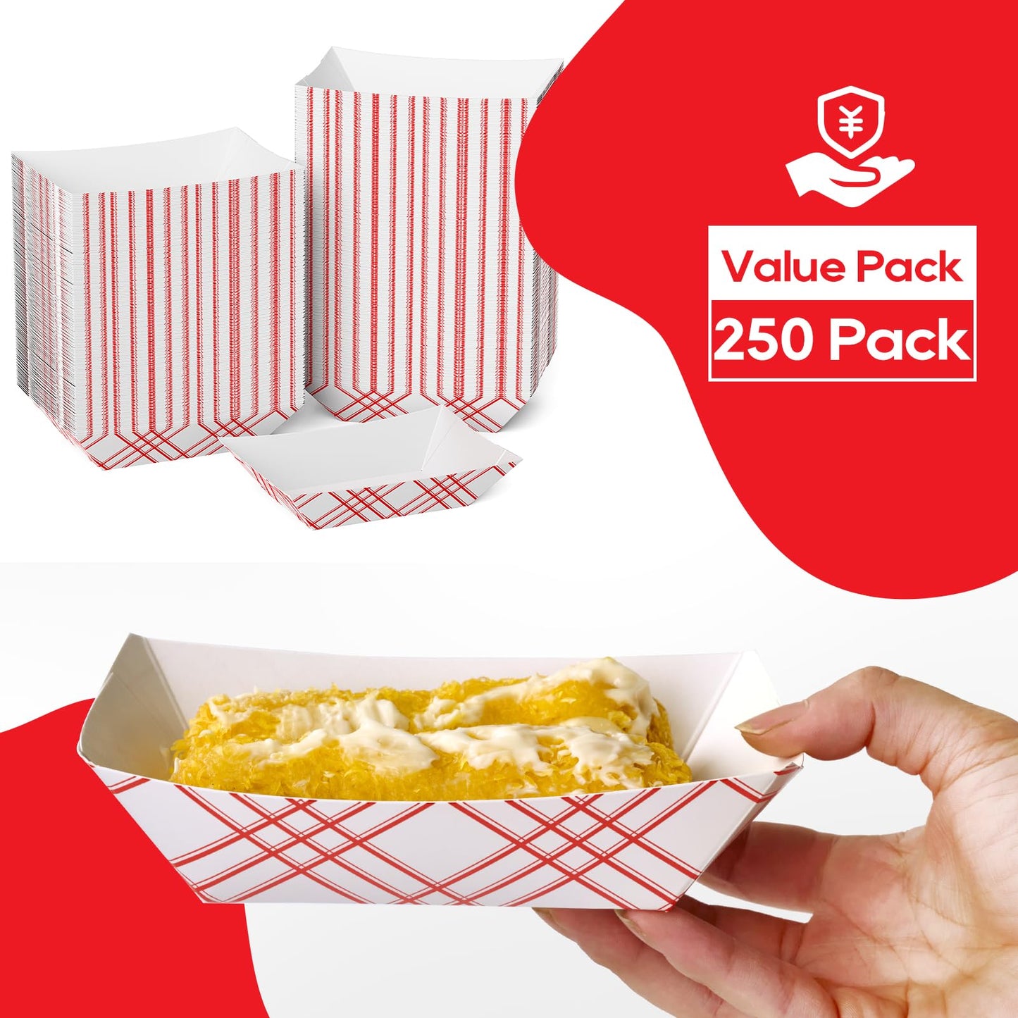 ECOLipak 250 Pack 2lb Paper Food Tray Red, Disposable Paper Food Boats, Food Holder Trays, Serving Boats for Taco Hot Dog Snack Fries Dessert Popcorn Sauce Nacho