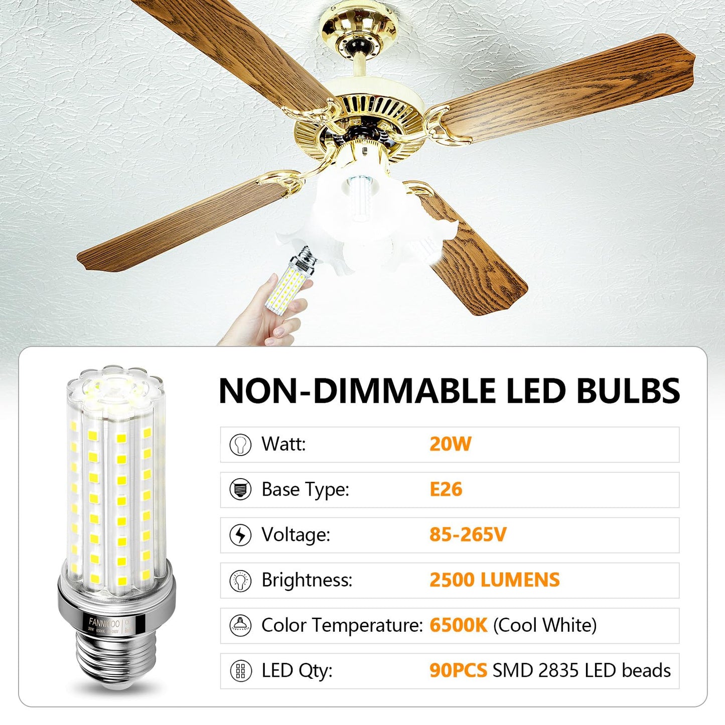 FanNicoo LED Corn Light Bulb 150W Equivalent 2500 Lumen 6500K Cool Daylight White 20W E26/E27 Base Non-dimmable Ceiling Fan Corn Lighting for Home Garage Warehouse Indoor LED Corn Bulbs Pack of 4