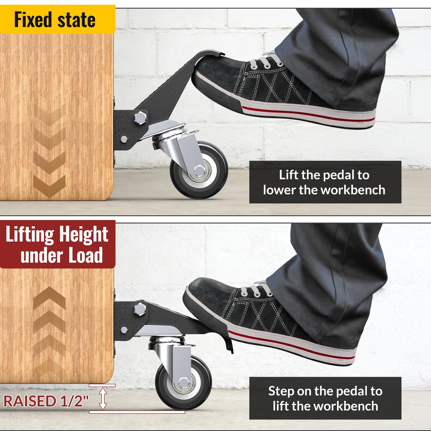 HOLKIE Retractable Casters Heavy Duty Casters with Lifting and Lowering Function Maximum Load of 900 lbs (4 casters) for Workbenches or Other Equipment