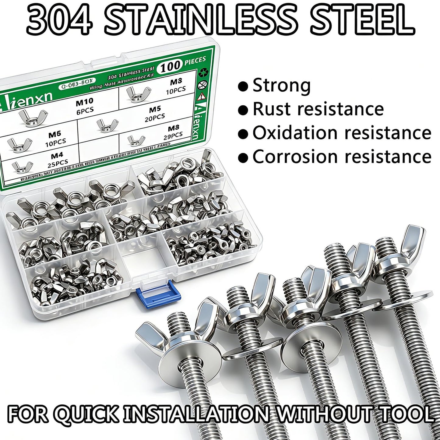 Aienxn 100PCS Metric Sizes Wing Nuts Assortment Kit, 304 Stainless Steel M3, M4, M5, M6, M8, M10, Parts Butterfly Wing Nut, Wingnuts Fasteners