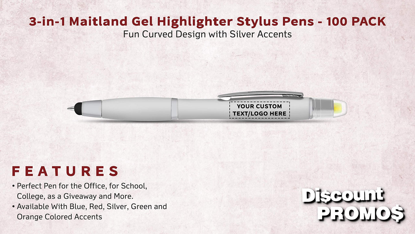 DISCOUNT PROMOS Personalized Smooth Writing Maitland Gel Highlighter Stylus Pens - 100 pack - Highlighters - Customizable Text, Logo - Silver