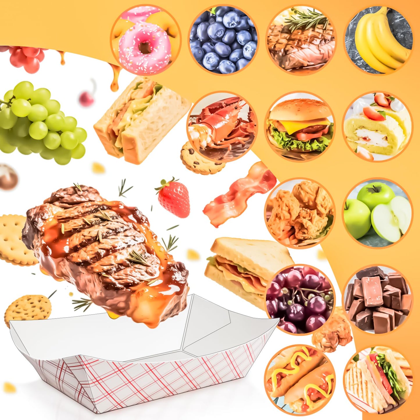 MotBach 100 Pack Extra Large 4Lb Paper Food Boats Trays Disposable Paper Boat Containers, Checkered Kraft Food Serving Tray Boats Baskets for Snack Popcorn BBQ Hot Dog Burger Sandwich Taco Fries Nacho