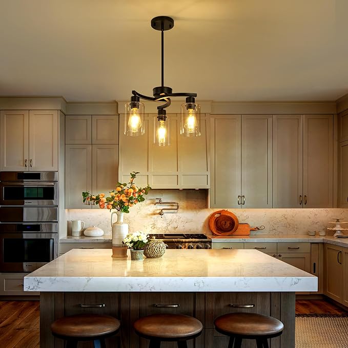 3 Light Modern Dining Chandeliers Over Table，Black Light Fixture for Dining Room，Farmhouse Chandelier with Glass Shade，Industrial Pendant Lights Kitchen Island，Foyer,Hallway, Bedroom