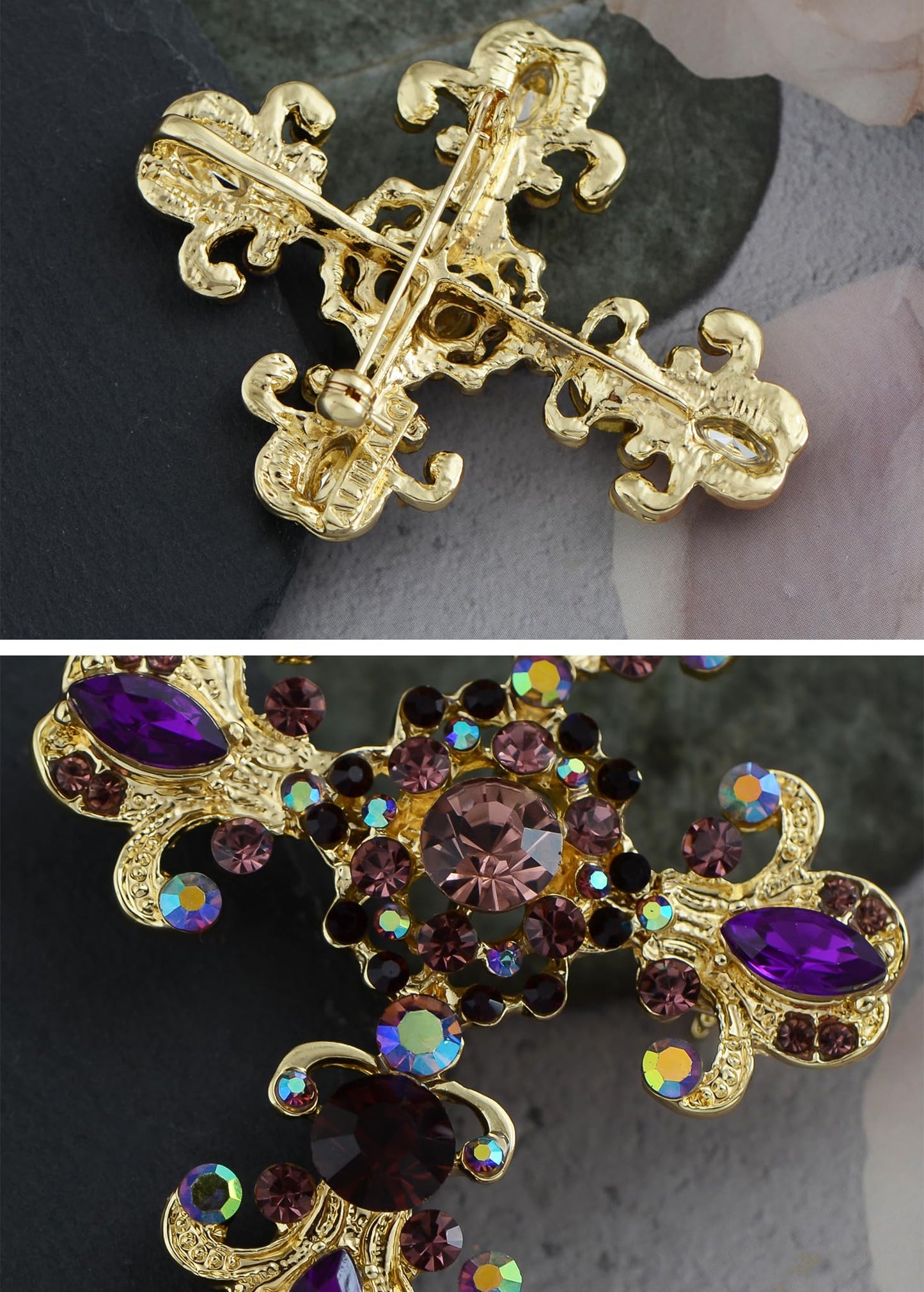 Alilang Women Gold Cross Antique Gorgeous Purple Rhinestones Faith Roman Catholic Victorian Saint Brooch, Purple/Gold