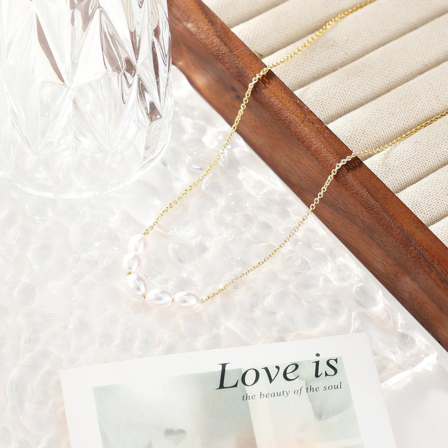 Caenyo Five Pearl Choker Necklace, 14K Real Gold Plated, Hypoallergenic & Tarnish Resistant, Simple & Chic Jewelry for Women, Adjustable 16+2 Inch
