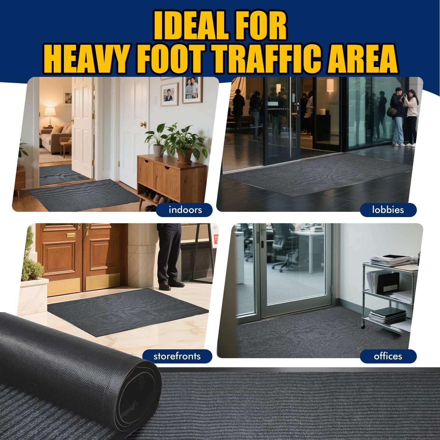 Extra Large Indoor/Outdoor Entrance Mat - 4 x 15 Feet, Rubber Border Door Mat Heavy Duty, Waterproof, Low-Profile, Easy to Clean, Rubber Entry Mat,Commercial Floor Mat, Charcoal Grey