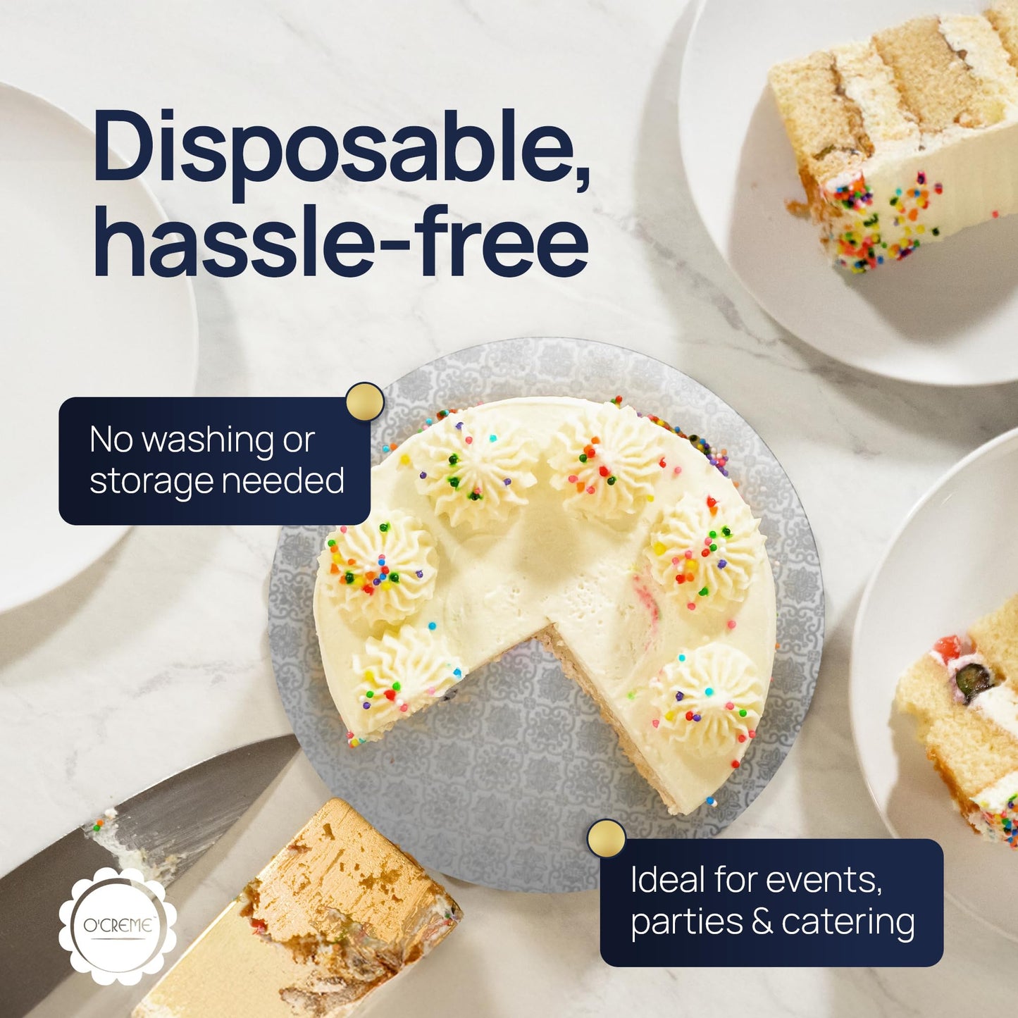 O’Creme Cake Board, Silver Foil Round Cake Circles with Gorgeous Design, Sturdy & Durable 1/2” Thick Cake Drums, Round Cake Boards with 18” Diameter, Pack of 5 Disposable Cake Drums