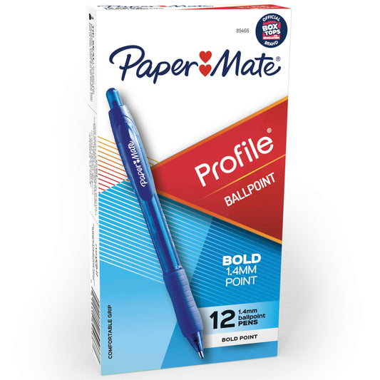 Paper Mate Profile Retractable Ballpoint Pens, Bold Point (1.4mm), Blue Ink, 12 Count - Writing, Office, Teacher Supplies