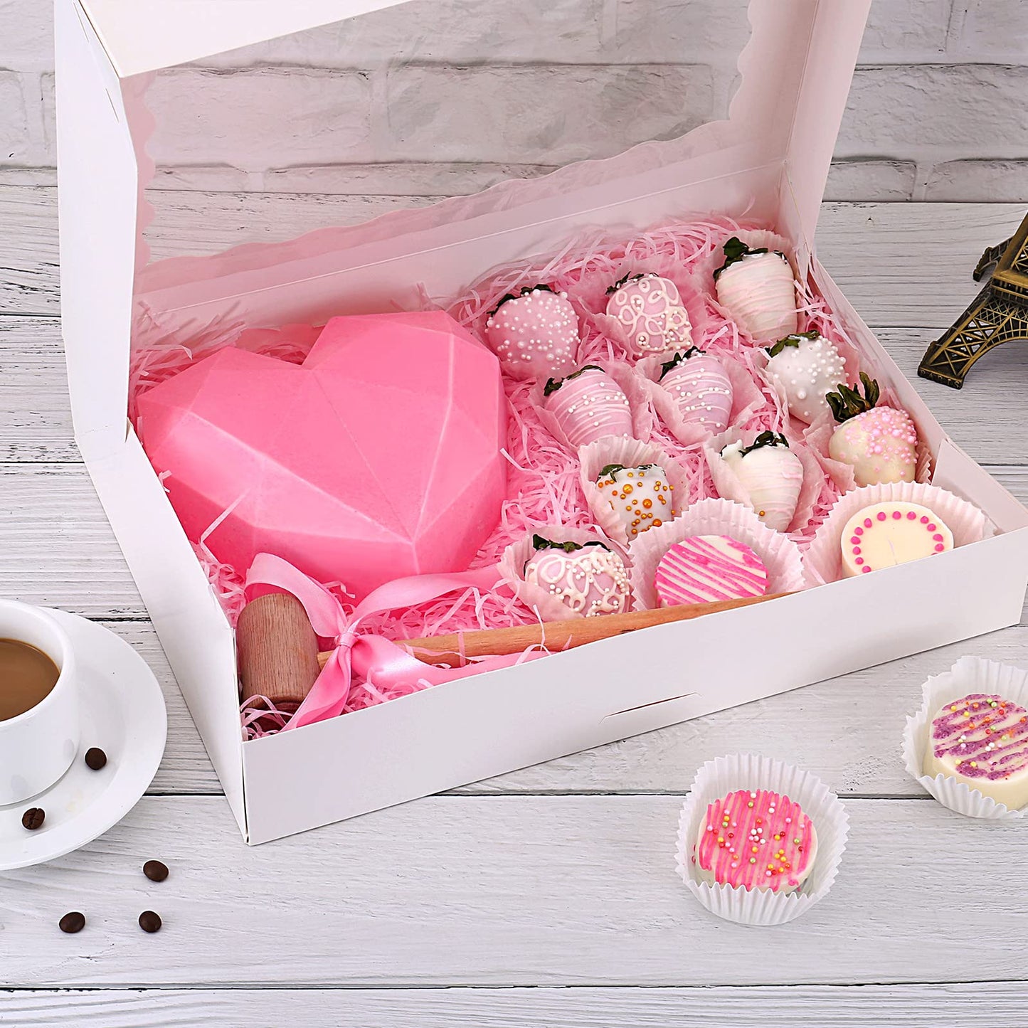 Tcoivs 20-Pack Bakery Boxes 14" x 10" x 2.5", Cookie Boxes, Auto-Popup Treat Boxes with Window for Donuts, Pies, Cakes, Muffins, and Pastries (White)