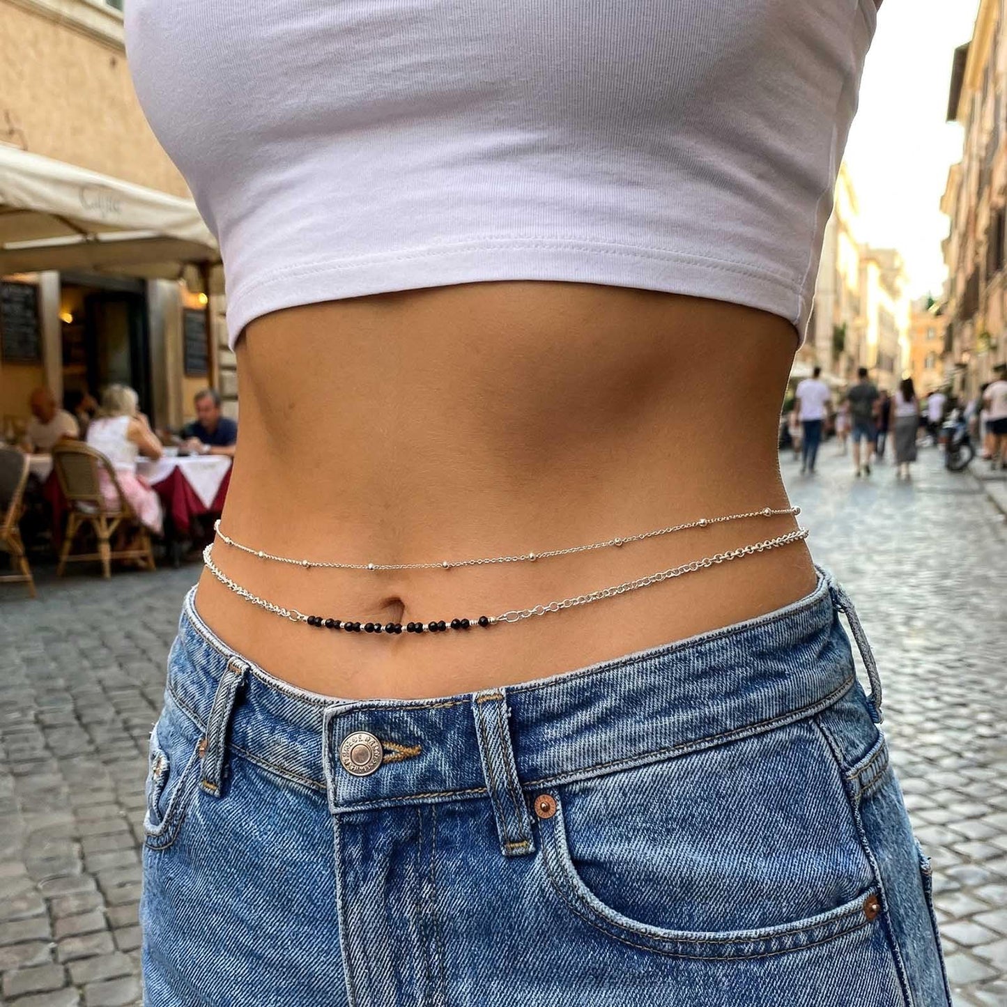 Wriidy Layered Beads Waist Chain Women Silver Belly Chain Adjustable Silver Body Jewelry Accessories for Bikini