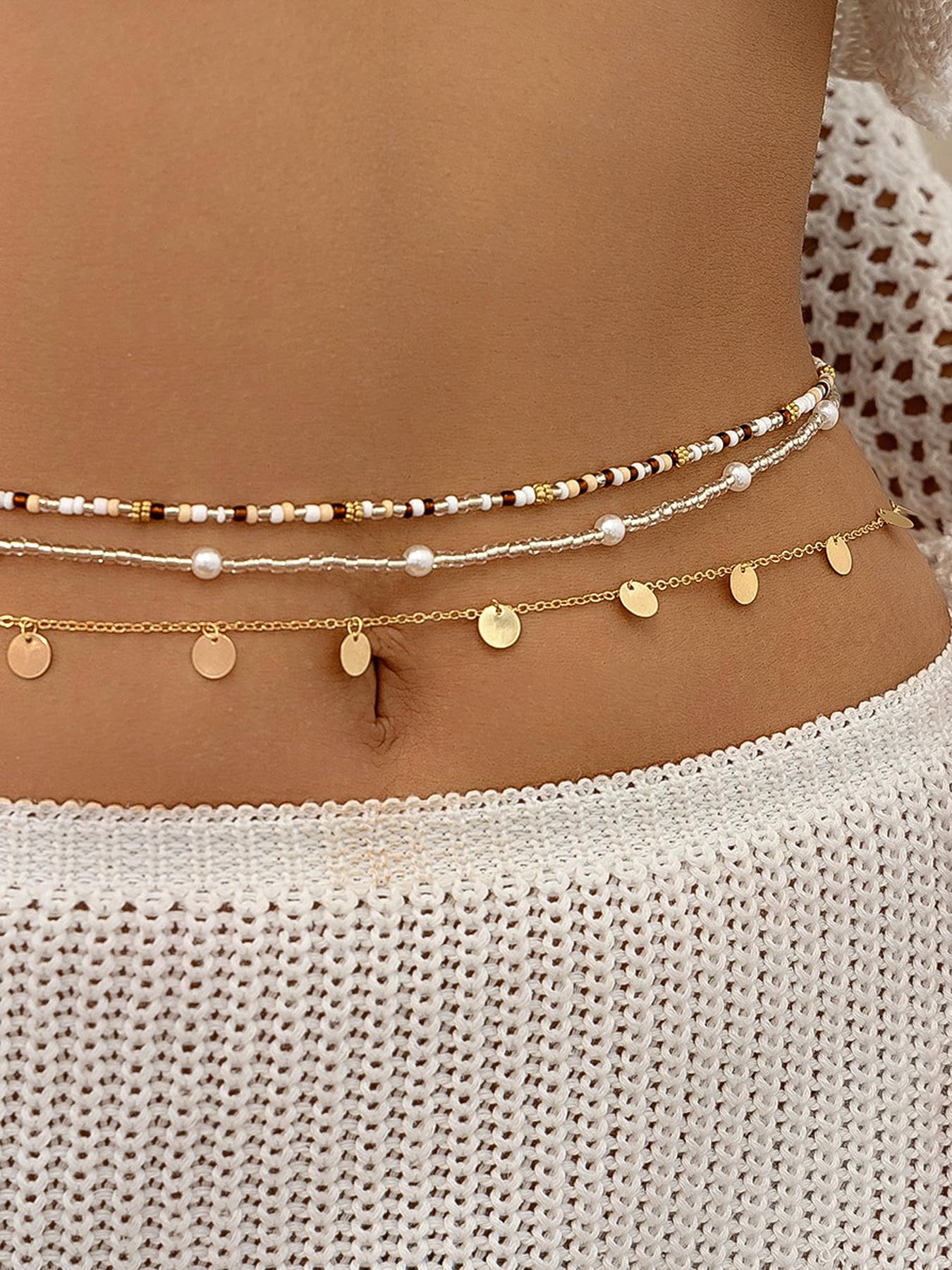 Longita 3pcs Belly Chain Waist Chain for Women Gold Waist Jewelry for Women Gold Pearl Belly Chains Brown Beaded Summer Stomach Jewelry Sexy Body Chains no Tarnish Waterproof