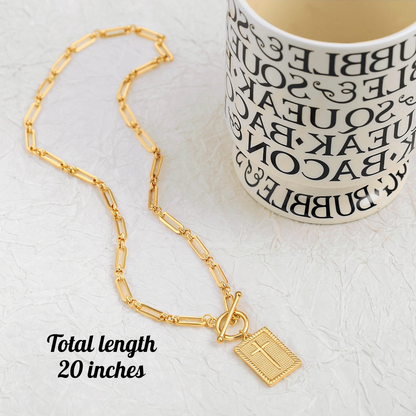 PEARLADA Chunky Cross Necklace for Women, Statement 18k Gold Plated Paperclip Necklace with Toggle, Square Pendant Christian Jewelry