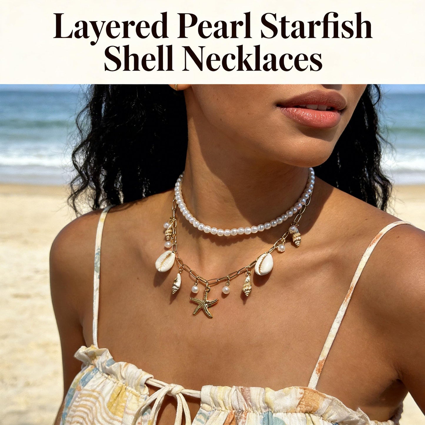 ANGLEQUEEN Gold Starfish Mermaid Necklaces Layered Pearl Starfish Shell Necklaces for Women Gold Pearl Choker Necklace Hawaiian Beach Surf Jewelry, Mermaid Costume Accessories C