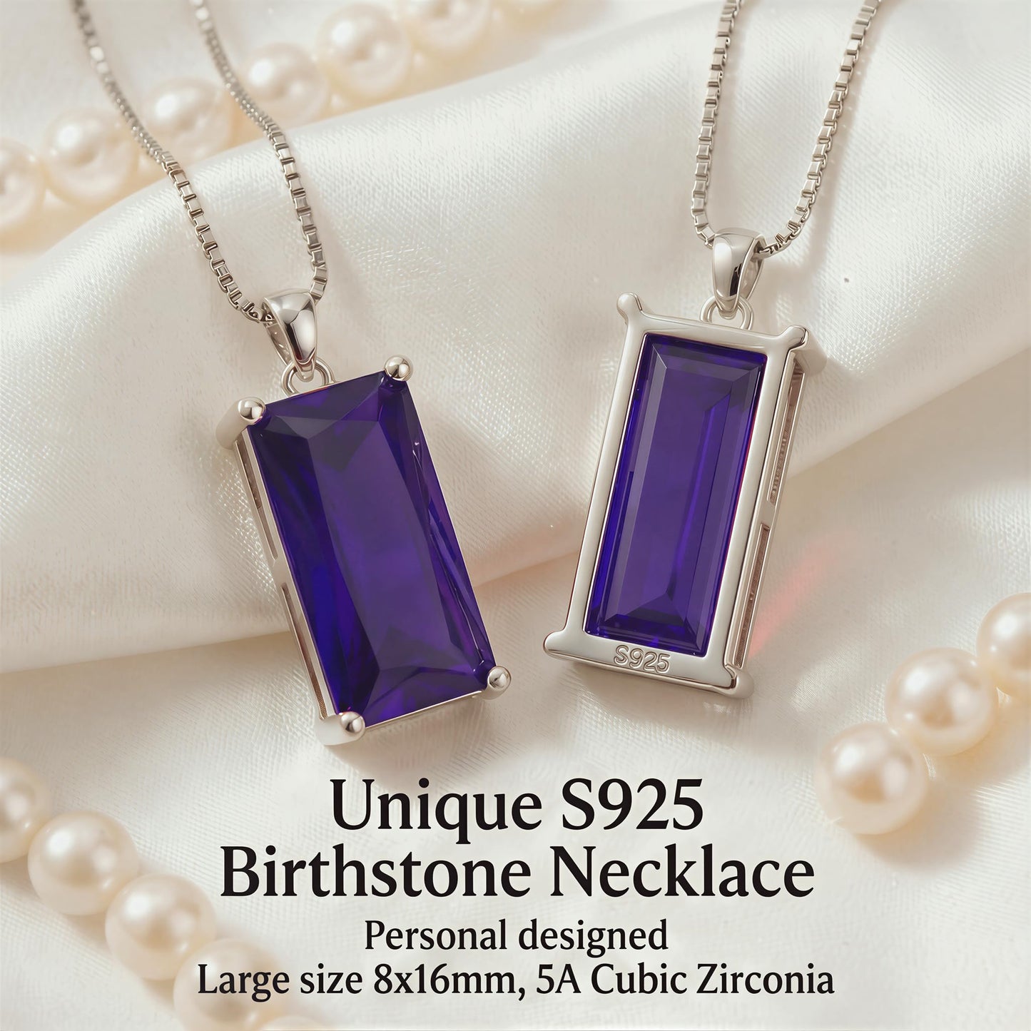 Kuschelkatze 8mm x 16mm Square February Birthstone Amethyst Pendant Necklace – Fashion charming Sterling Silver Gift for women