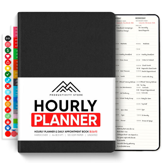 Hourly Planner & Appointment Book (8.5” x 11”) - Premium Hourly Planner with Daily Schedule & 30-Minute Time Slots for Better Time Management by PRODUCTIVITY STORE (A4, Black)