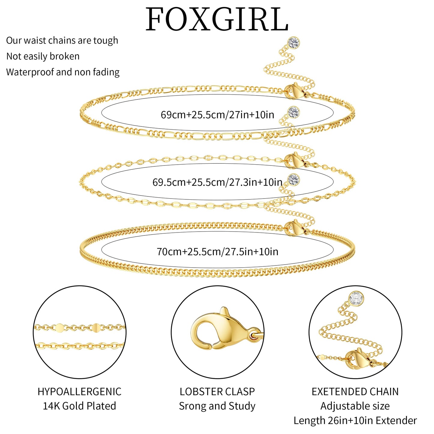 Foxgirl Gold Waist Chains for Women, 14K Gold Plated Layered Belly Chain Adjustable Waterproof Sexy Bikini Cuban Lip Figaro Chain Summer Non Tarnish Body Chain Jewelry Gifts