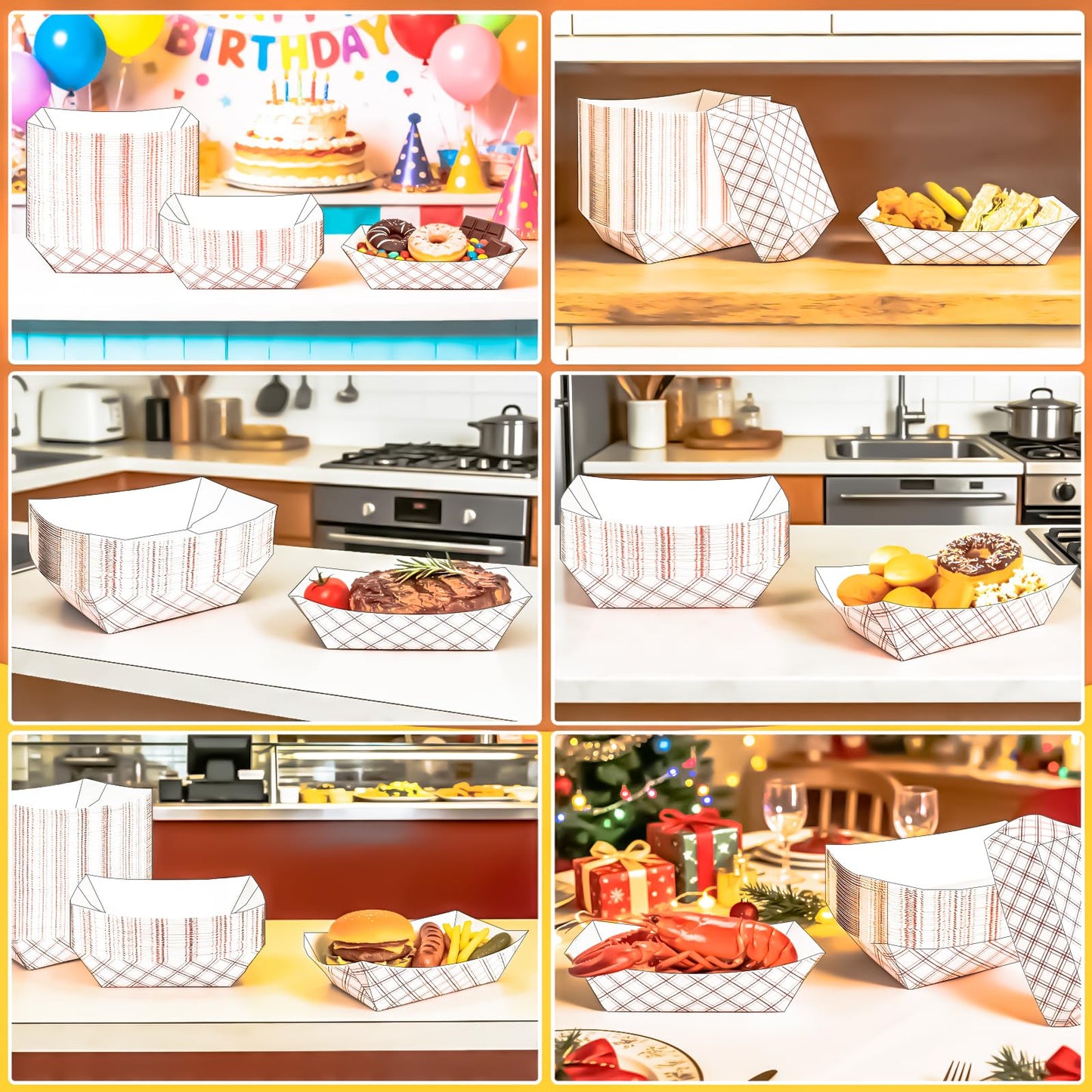 MotBach 100 Pack Extra Large 4Lb Paper Food Boats Trays Disposable Paper Boat Containers, Checkered Kraft Food Serving Tray Boats Baskets for Snack Popcorn BBQ Hot Dog Burger Sandwich Taco Fries Nacho