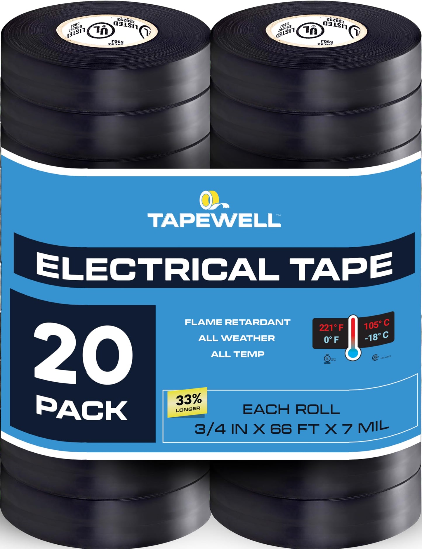 TAPEWELL Black Electric Tape, Professional Grade 3/4 inch x 66ft, PVC Electrical Insulating Tape for All Weather, U/L Approved, Waterproof, Home Improvement Electrical Equipment, Pack of 20