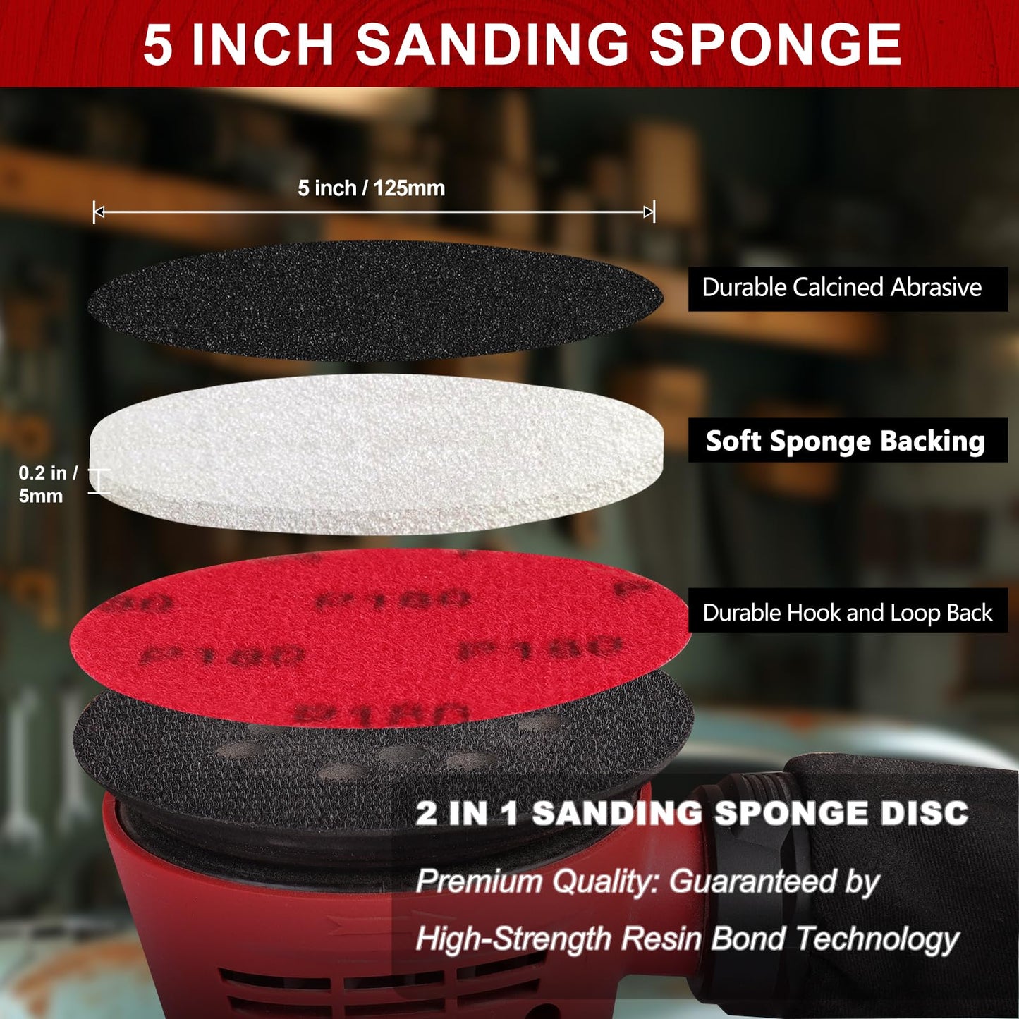Shineboc 18Pcs 5 Inch Hook and Loop Sanding Sponge Discs 180 Grit Wet Dry Sanding Pads, Foam Sandpaper for Random Orbital Sander, Curved Surface Large-Area Sanding Polishing for Metal Wood Automotive