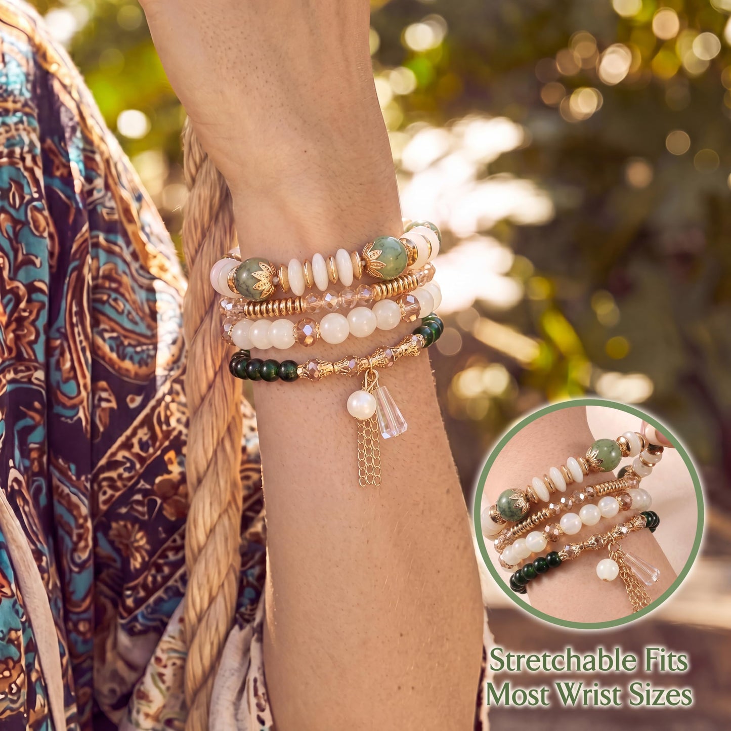 Tungary 4Pcs Beaded Bracelets for Women Bohemian Bracelet Stacks Handmade Natural Stone Stretch Bracelets Multi-Color Daily Wear Accessories Summer Beach Boho Jewelry Gift Green Bracelet Set