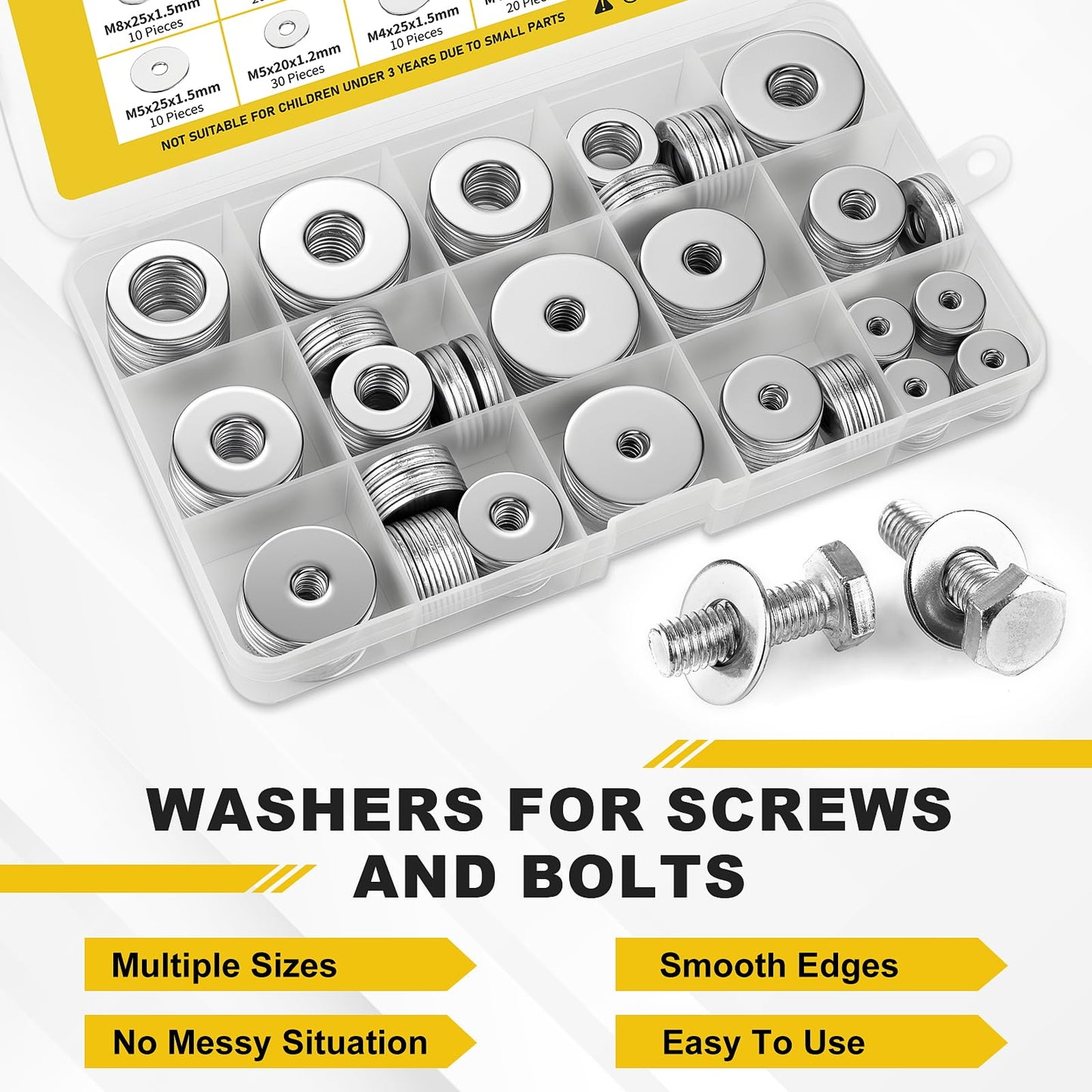WIESVOP 235Pcs Fender Washers, 304 Stainless Steel Flat Washers Assortment Kit, 15 Different Sizes M3 M4 M5 M6 M8 M10 M12 Metal Washers for Screws Bolts Hardware for Various Home Industrial Automotive
