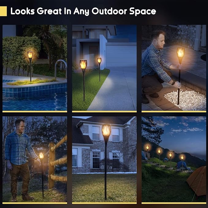Everbeam P1 Solar Torch Light with Flickering Flame - Our Waterproof Outdoor Solar Tiki Torches Come Equipped with 96 LED Bulbs That Create A Stunning Realistic Fire Effect - 4 Pack