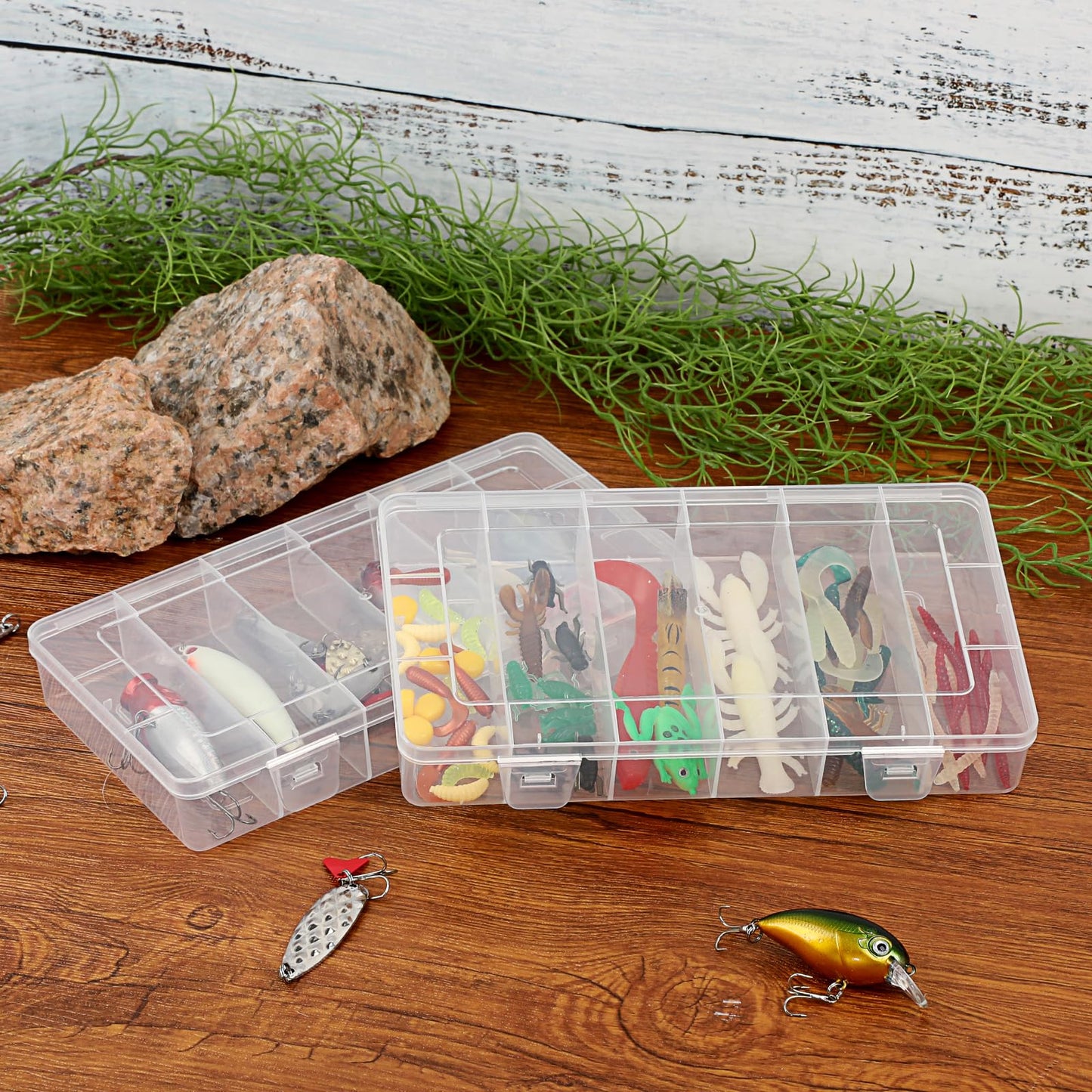 JUXYES 2Pack Plastic Small Fishing Tackle Box Organizer with 6 Compartments, Clear Mini Fishing Tackle Storage Boxes with Dividers, Transparent Fish Pocket Tackle Storage Box Lure Box