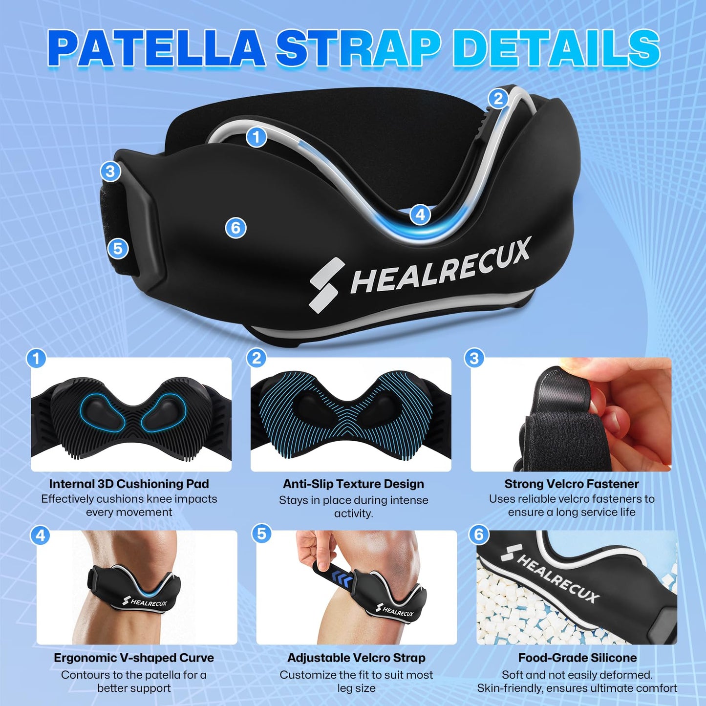 Healrecux Patellar Tendon Support Strap, Silicone Patella Knee Strap, Non-Slip Patella Band Knee Brace for Jumpers Knee, Tendonitis, Basketball, Volleyball - Black 2 Pack