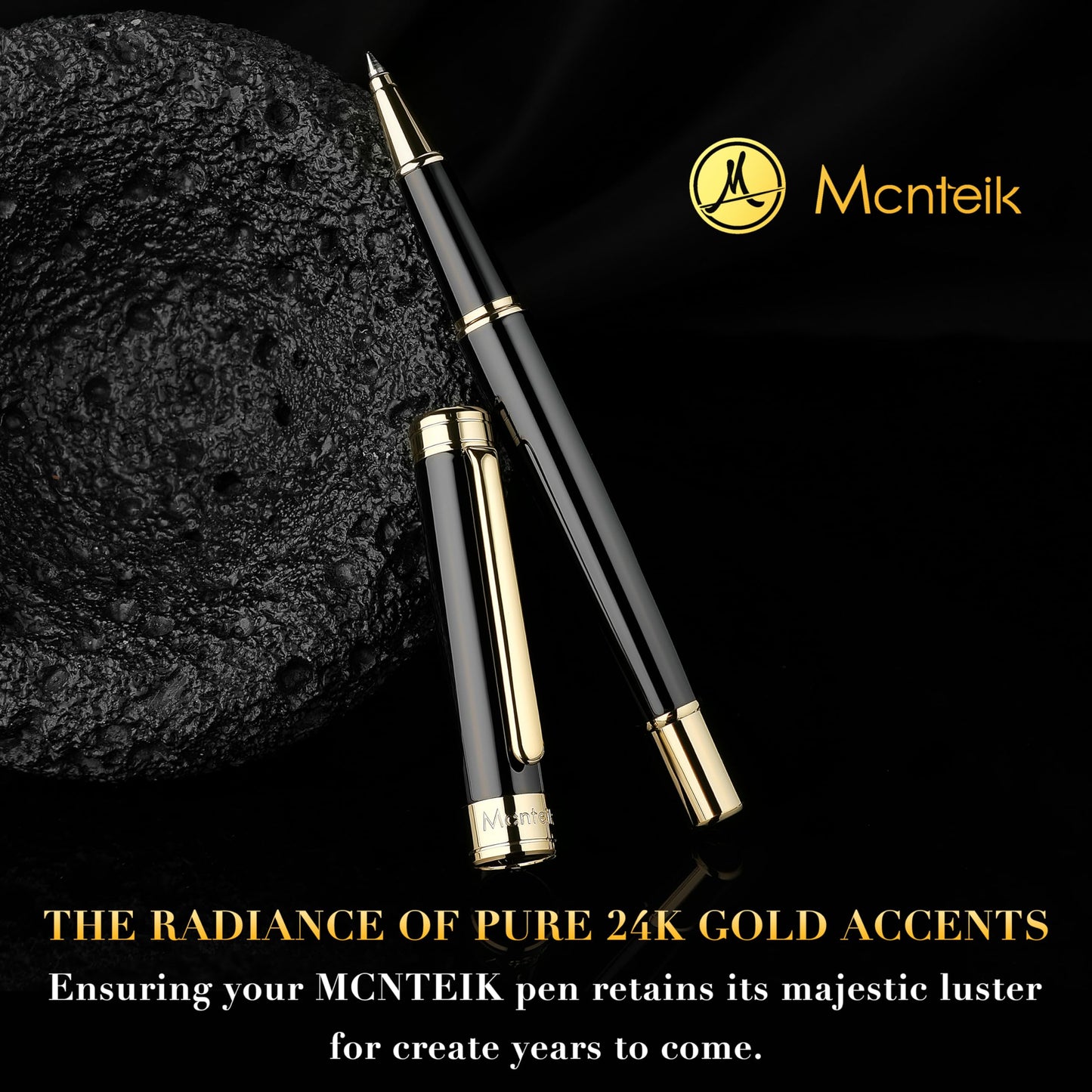 MCNTEIK Black Lacquer Rollerball Pen - Stunning Luxury Pen, 24K Gold Plating, Schmidt Refill, Precision Flow Ink, Best Roller Ball Gift Set for Men & Women, Professional, Executive Fancy, Nice Pens
