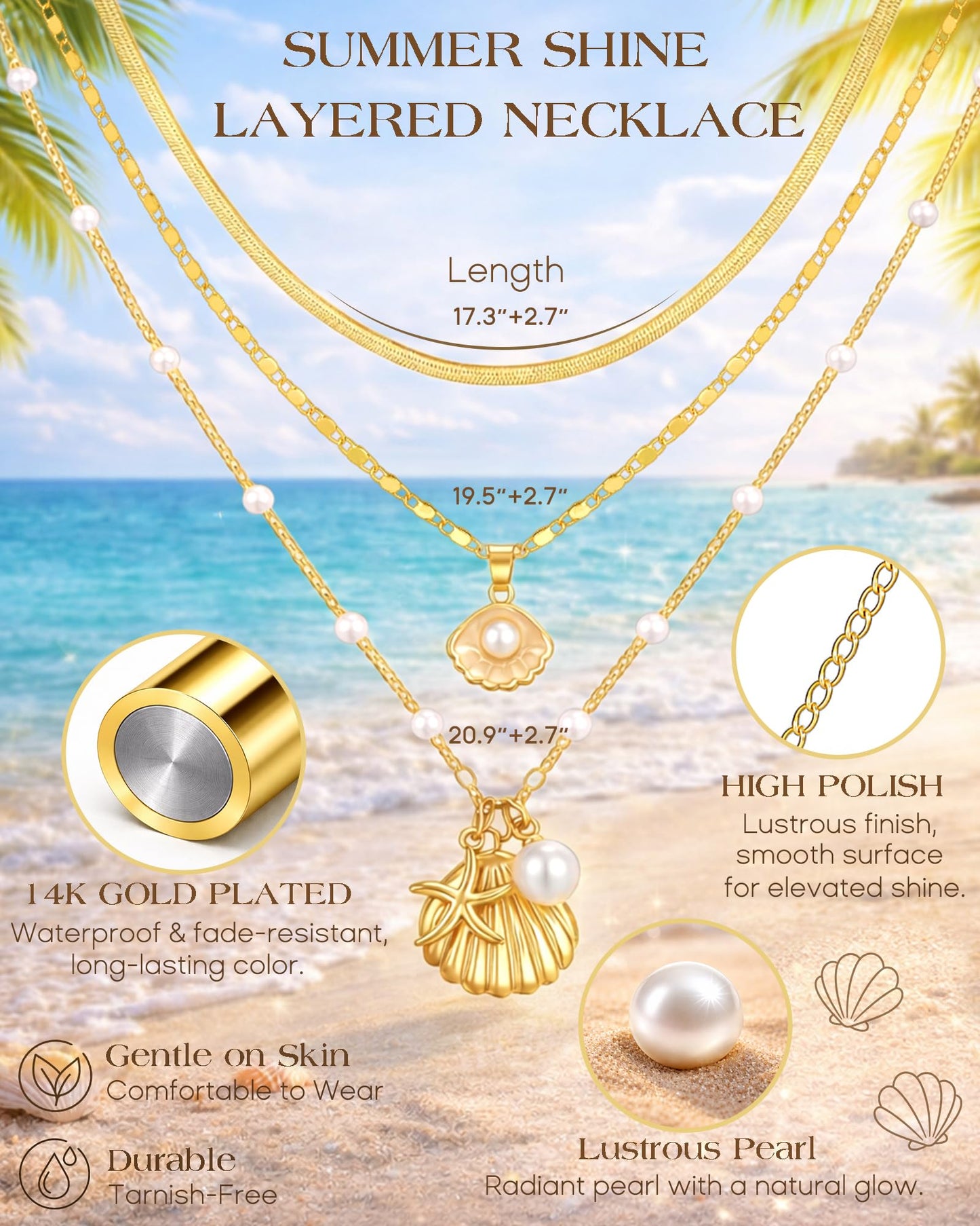 iF YOU Gold Necklace for Women, Layered Gold Seashell Necklace Set, Beach Themed Charm Necklace with Starfish and Flower Pendants, Dainty Gold Jewelry for Women (GOLD-01)