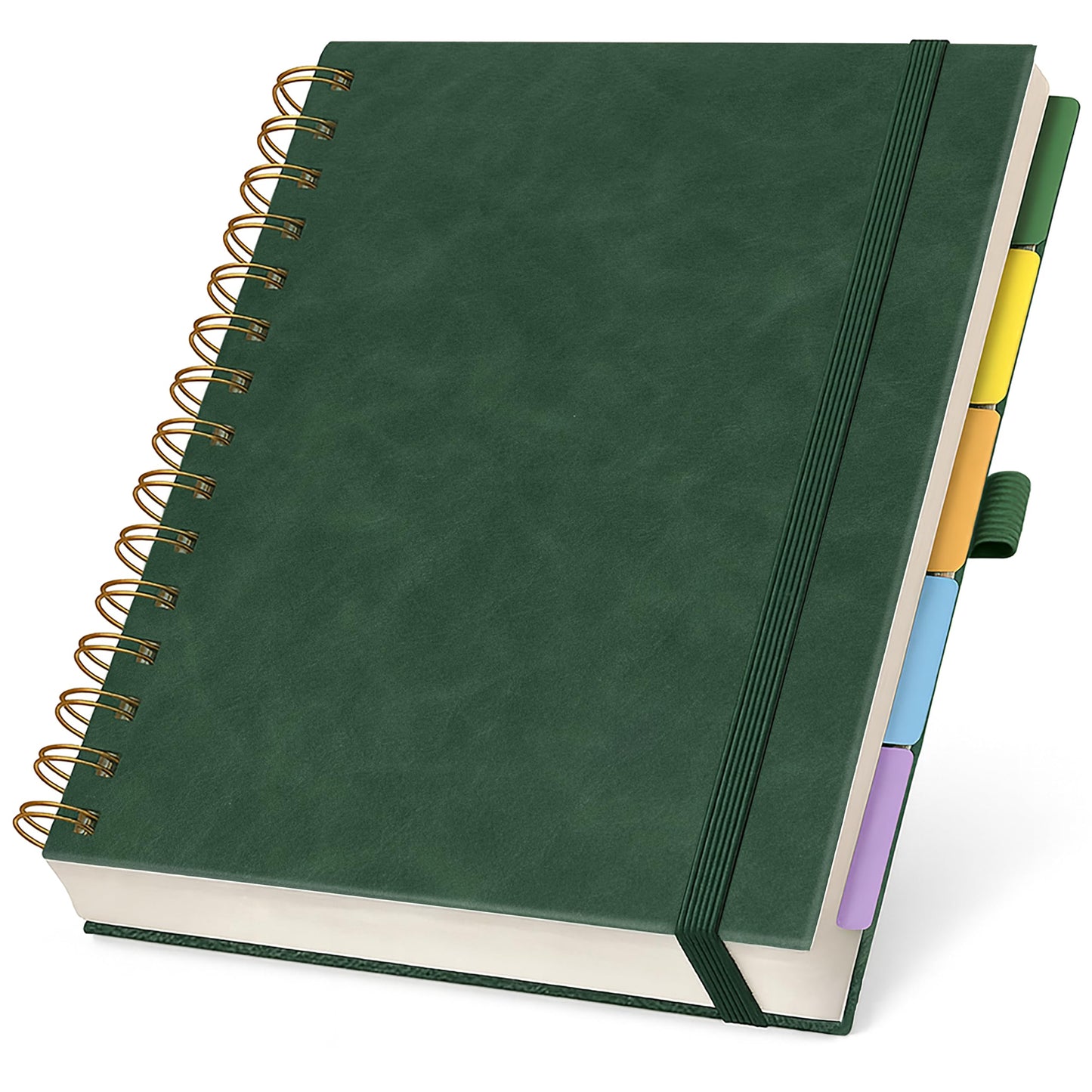 Hardcover Leather Lined Spiral Notebook 8x10" with Removable Dividers - Green - 300 Pages 5 Subject College Ruled Notebook for Work with Tabs, Pockets, and Pen Loop for Note Taking, Large Journal