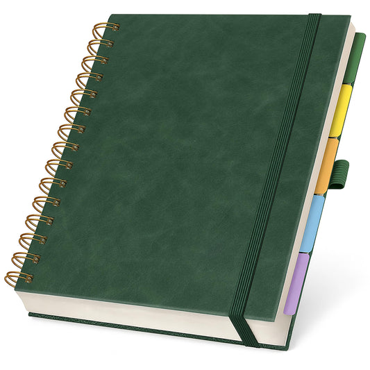 Hardcover Leather Lined Spiral Notebook 8x10" with Removable Dividers - Green - 300 Pages 5 Subject College Ruled Notebook for Work with Tabs, Pockets, and Pen Loop for Note Taking, Large Journal