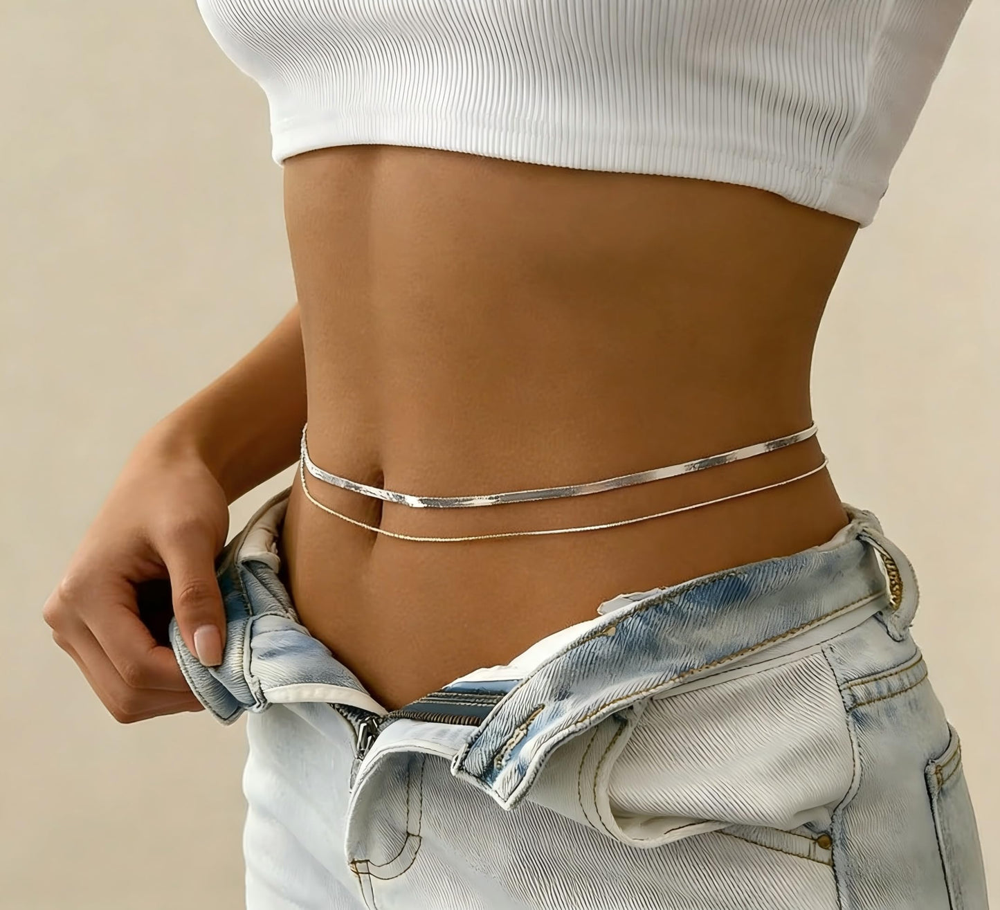 HERSIN Waist Chain for Women, Silver Plated Layered Belly Belt Chains Beach Waist Beads Chain Waterproof Snake Herringbone Body Chain Summer Jewelry Accessories for Women