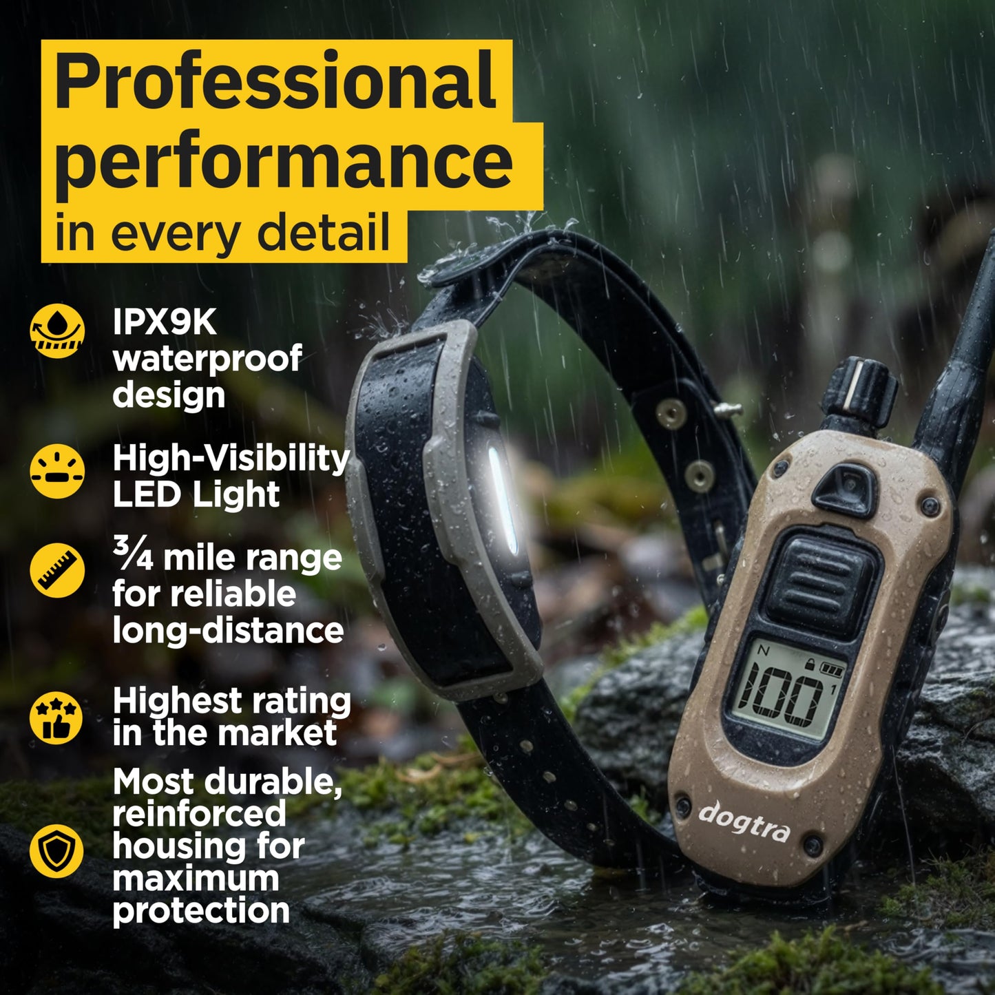 Dogtra 1900X E-Collar for Dog Training - 3/4 Mile Range, for Dogs 35 lbs+, IPX9K Waterproof, 100 Stimulation Levels, Vibration, Tone, Rechargeable - Ideal for Dog Owners and Professional Trainers