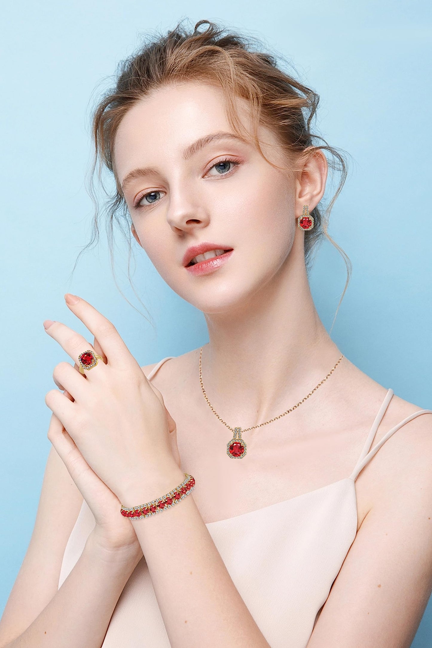 Paxuan Crystal Rhinestone Wedding Jewelry Sets Bridal Pendant Necklace Stud Earrings Link Bracelets Rings Set for Women (Gold Plated Red Cubic Zirconia)