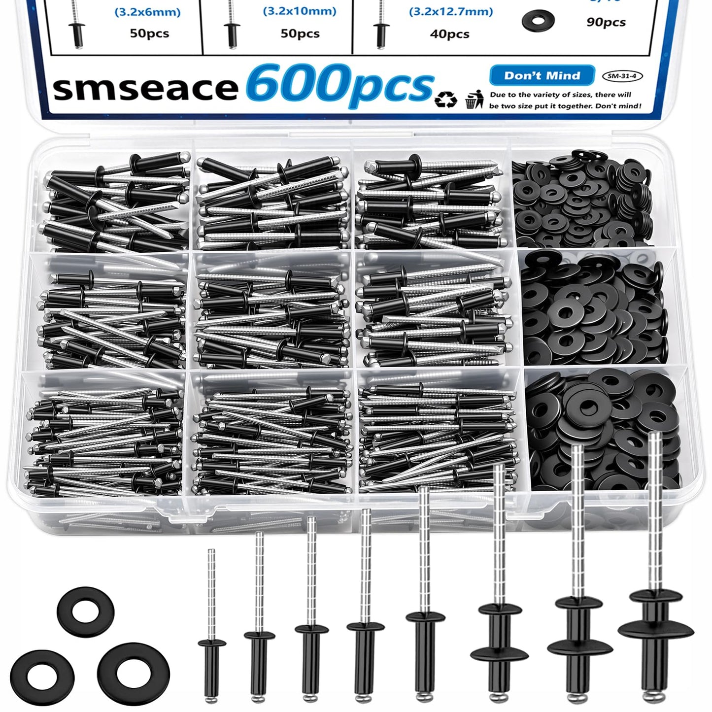 smseace 600Pcs Stainless Steel Black Pop Rivets with Washer Assortment Kit 8-Sizes Stainless Rivets(1/8Inch 5/32Inch 3/16Inch) for Metal,Furniture,Automotive,Instruments