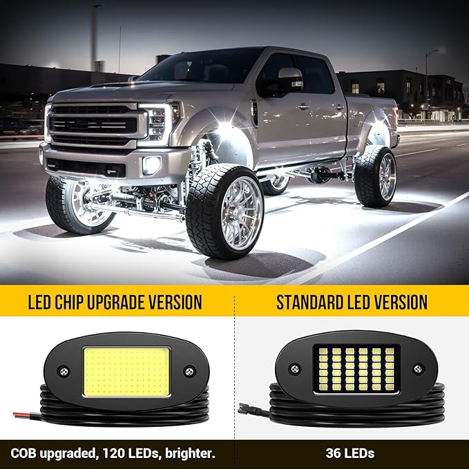 8 Pods COB White Rock Lights, 120 COB Chips 6500K Pure White Super Bright Neon Underglow, IP68 Waterproof Shockproof Off-Road Light Kit for Pickup Trucks, SUV, UTV, ATV, RZR, Cars & Boats