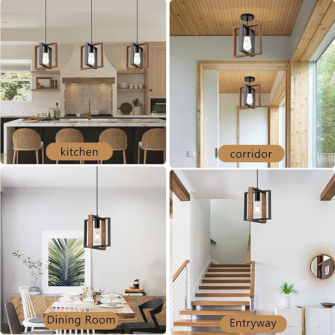 9MMML Wood Pendant Light Kitchen Island Set of 3, Farmhouse Hanging Lamp with 62'' Height Adjustable Cord, Small Ceiling Pendant Light Fixture for Dining Room, Entryway, Foyer