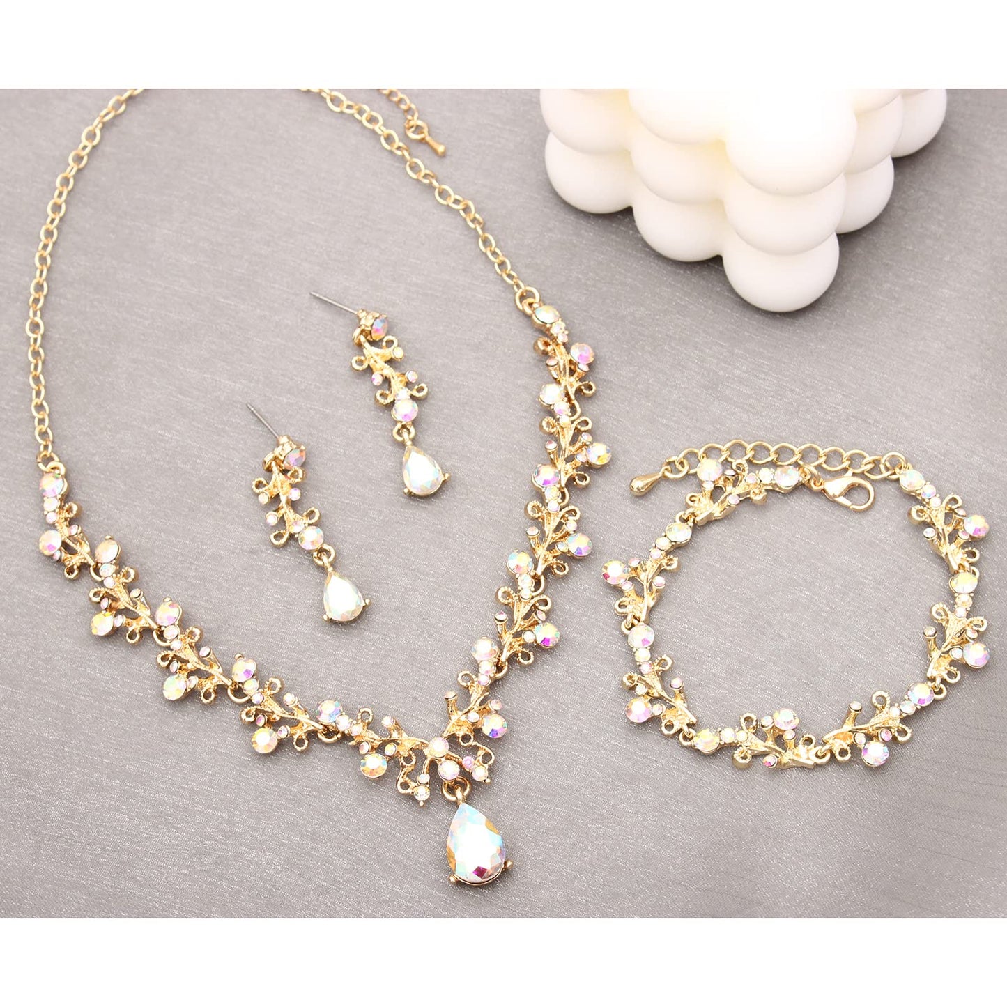 3Pcs Austrian Crystal Jewelry Set for Women, Necklace Dangle Earrings Link Bracelet Jewelry Set with Gold/Platinum/Gun Plated, Wedding Party Jewelry for Bridal Bridesmaid (AB Crystal-Gold Plated)