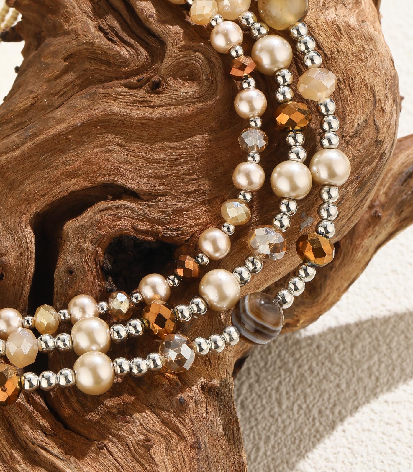 Noessla Beaded Statement Necklaces for Women Layered Chunky Bead Necklace Fashion Costume Jewelry Gifts for Mom(Champagne Brown)