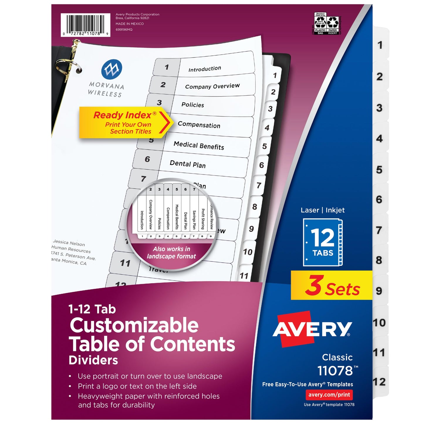 Avery Dividers for 3 Ring Binders, 12 Tabs per Set, Customizable Table of Contents, Classic White Tabs, Great for Organizing Reports, Projects, and More (3 Sets of 11078)