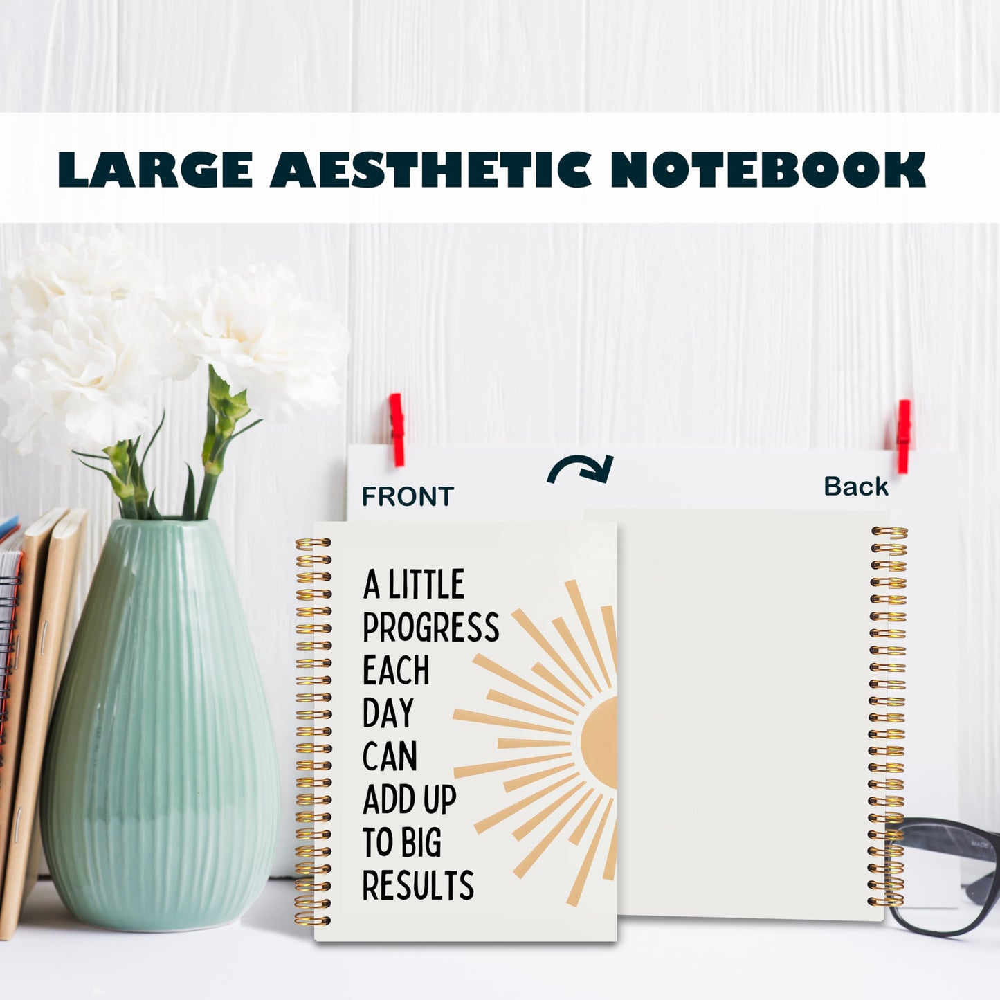 BearCake Boho Sun Inspirational Motivational Notebooks Journal,Mental Health Gifts, a Little Progress Each Day Can Add Up to Big Results Notebooks,Boho Sunshine Notebook,Spiral Notebook 5.5x8.3