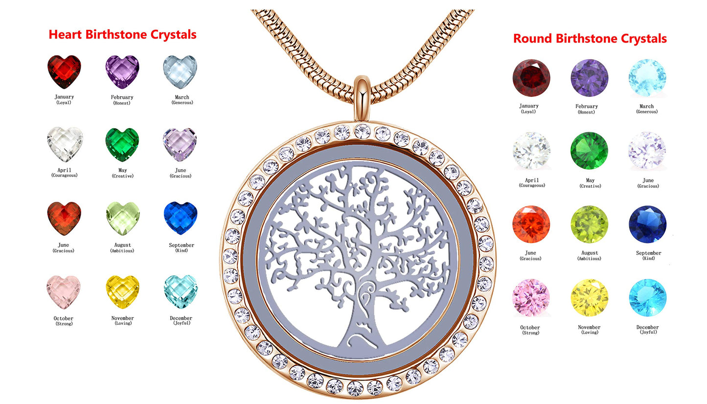 18K Gold Plated Family Tree of Life Floating Locket Necklace, Diy Stainless Steel Pendant with 24Pcs Birthstones for Mummy Mom Mother in Low Grandma Nana Aunt Niece