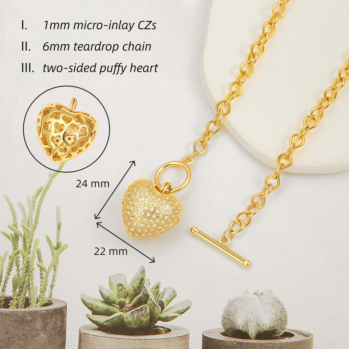 PEARLADA Statement CZ Heart Pendant Necklace, Trendy Toggle Necklace for Women, 18k Gold Plated Chunky Chain Link Necklace