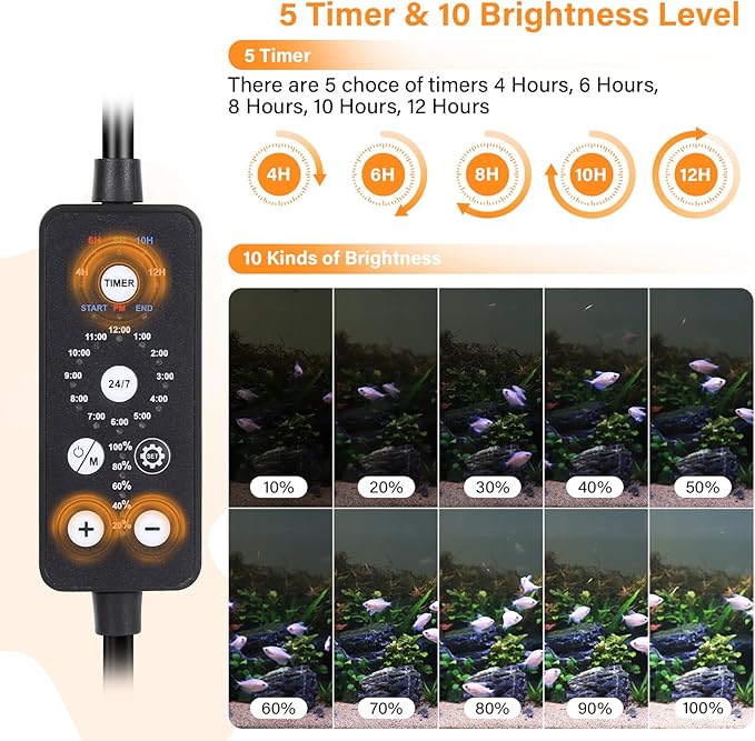 hygger Submersible LED Aquarium Light, 8W 7 in 24/7 Mode Fish Tank Light with 5 Rows Beads, with Timer 9 Colors and Adjustable Brightness, Full Spectrum IP68 Waterproof Light for Fish Tank 8-17 inch
