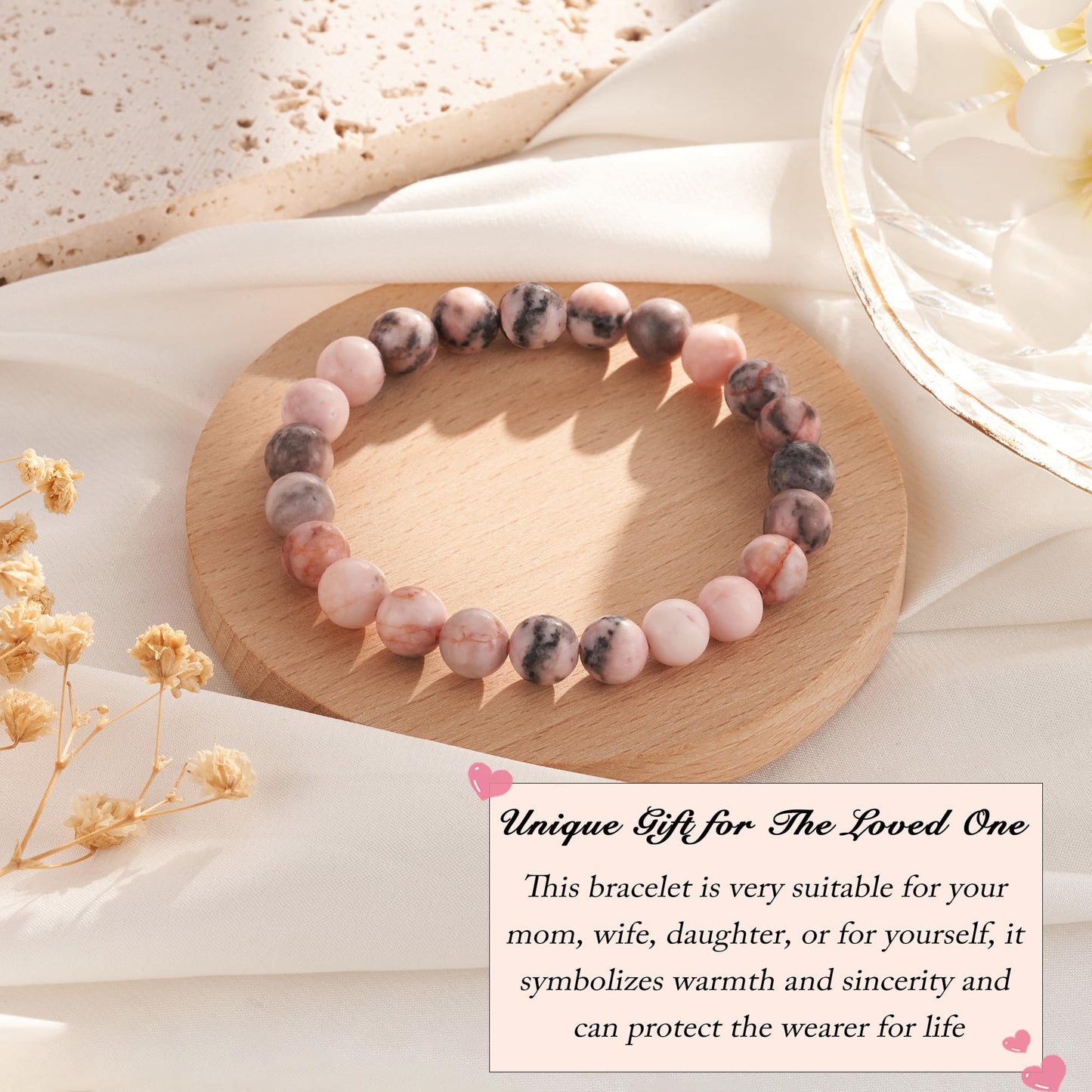 Seyaa Bracelet for Women, Pink Zebra Jasper Bracelet, Birthday Valentines Day Gift for Her Teen, Natural Crystal Stone