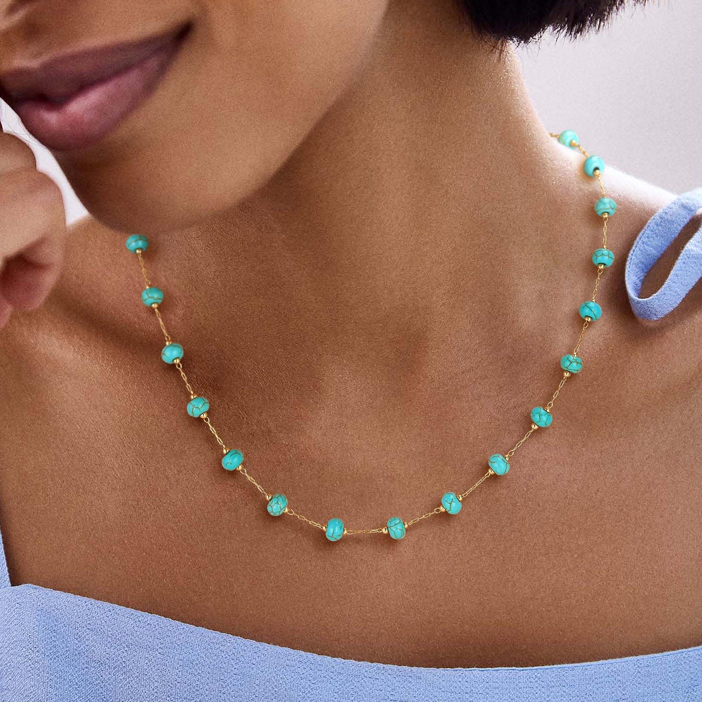 LOLAR RAY Turquoise Jewelry for Women - 14K Gold Plated Round Choker Boho Necklaces for Women Summer Beach Boho Choker Bead Gift