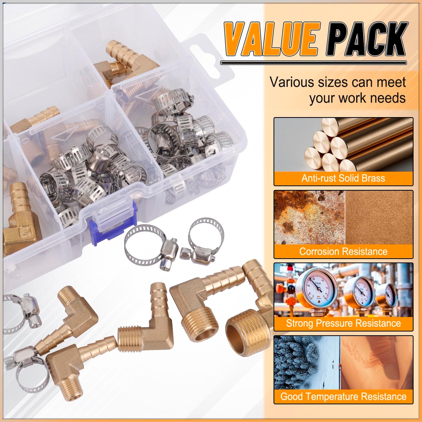 KOOTANS 18PCS Brass Hose Barb Fittings 90 Degree Elbow Barb to NPT Male Thread Adapter Kit 1/4" 5/16" 3/8" Barbed Air Hose Fittings with 30pcs Pipe Clamps for Water Fuel Air Line Connector Fitting